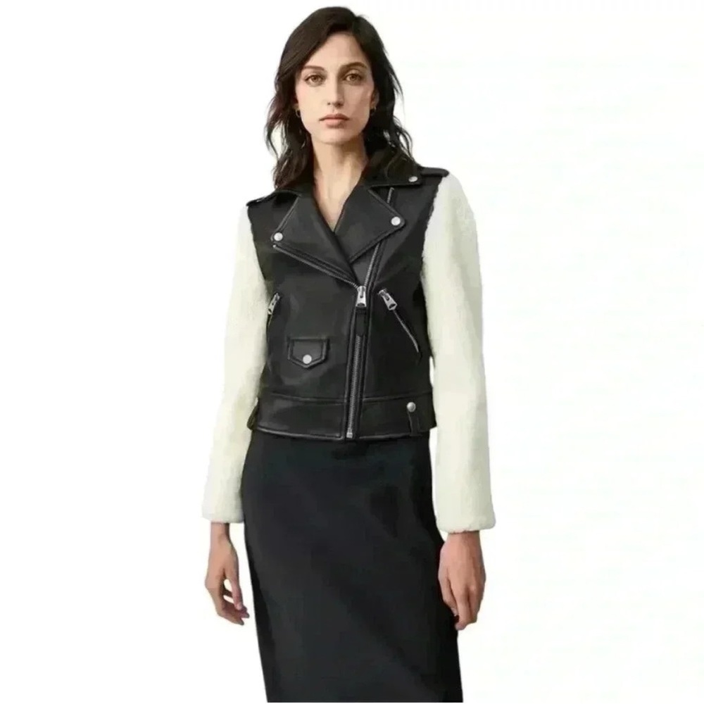 Mackage Womens Baya Leather Moto Biker Jacket Coat S Black Shearling Sleeve NWOT